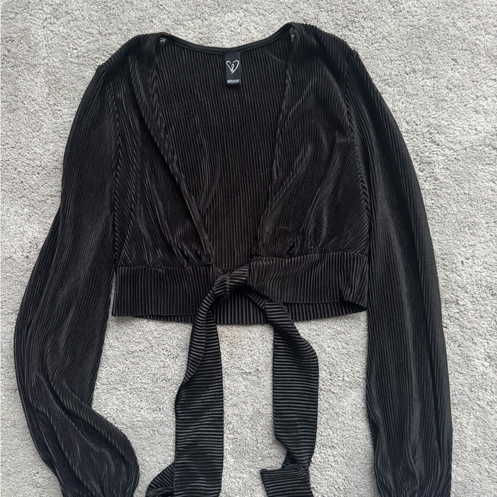 Windsor Black Pleated Tie-Front Blouse